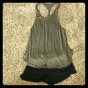Sleep set - black shorts and grey Racerback tank.